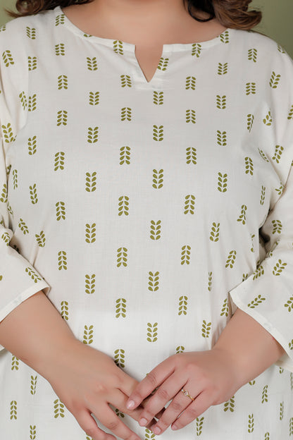 MINI LEAF PRINT COTTON KURTI IN OFFWHITE BY PLUSSIZEKURTI