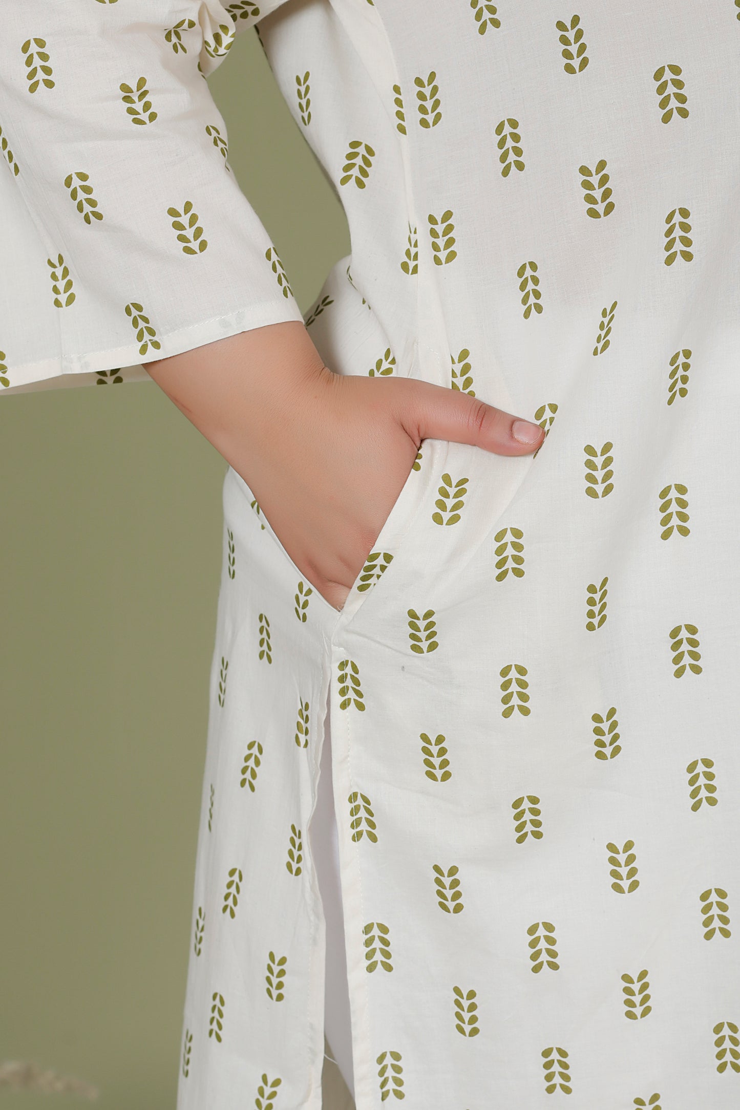 MINI LEAF PRINT COTTON KURTI IN OFFWHITE BY PLUSSIZEKURTI