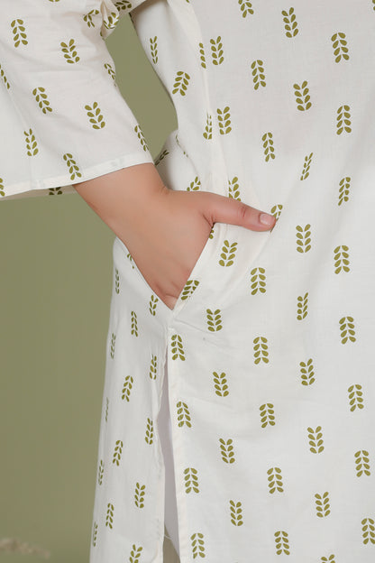 MINI LEAF PRINT COTTON KURTI IN OFFWHITE BY PLUSSIZEKURTI