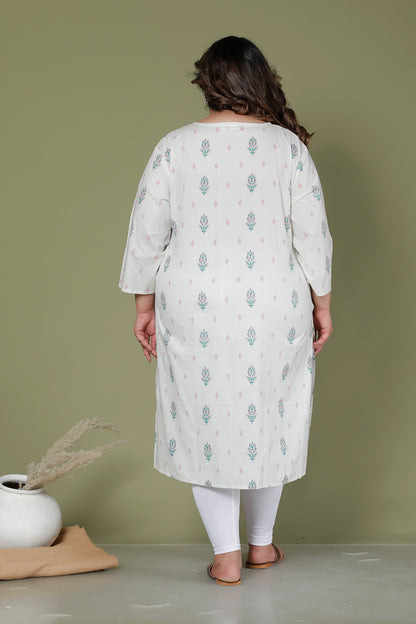 FLORAL BUTTA PRINT COTTON KURTI IN OFFWHITE BY PLUSSIZEKURTI
