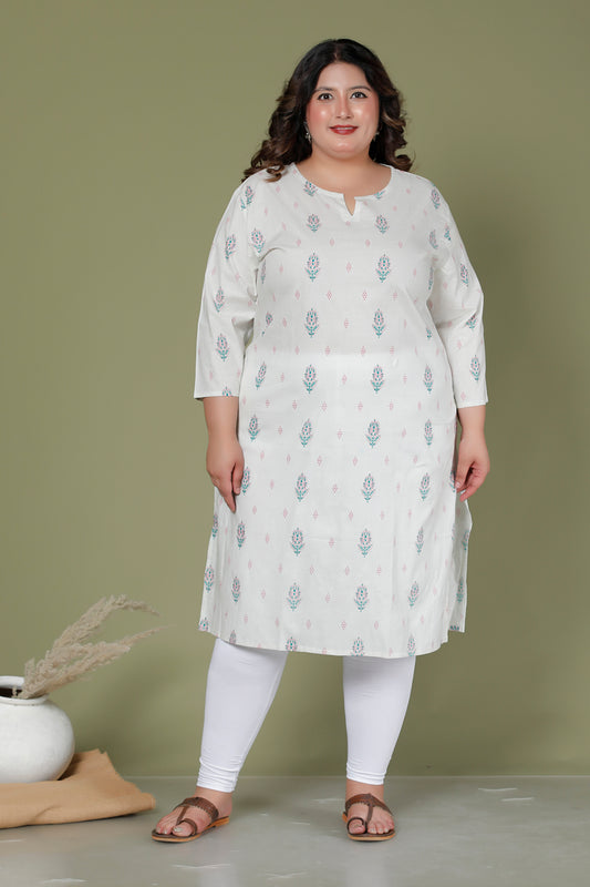 FLORAL BUTTA PRINT COTTON KURTI IN OFFWHITE BY PLUSSIZEKURTI