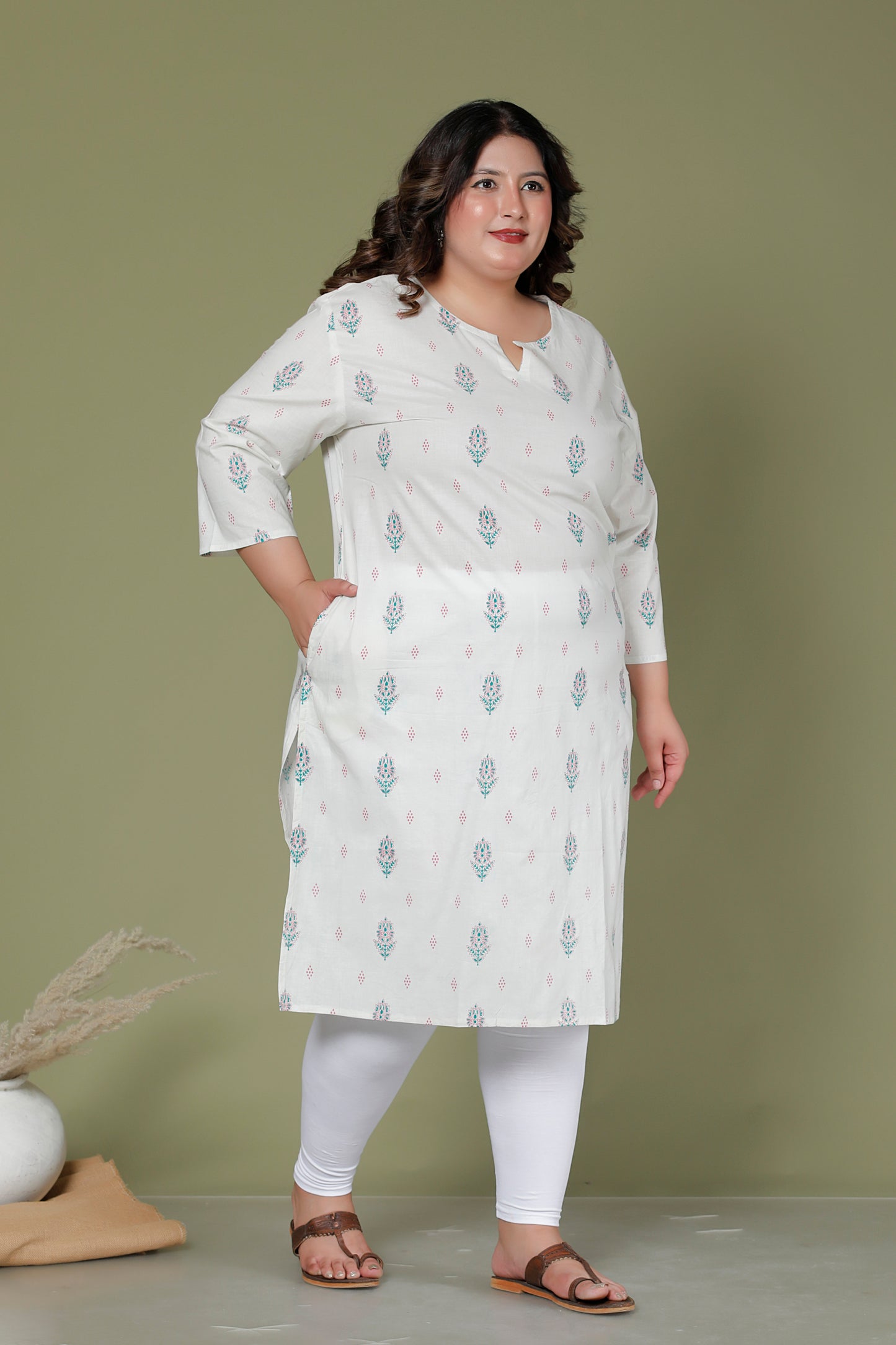 FLORAL BUTTA PRINT COTTON KURTI IN OFFWHITE BY PLUSSIZEKURTI