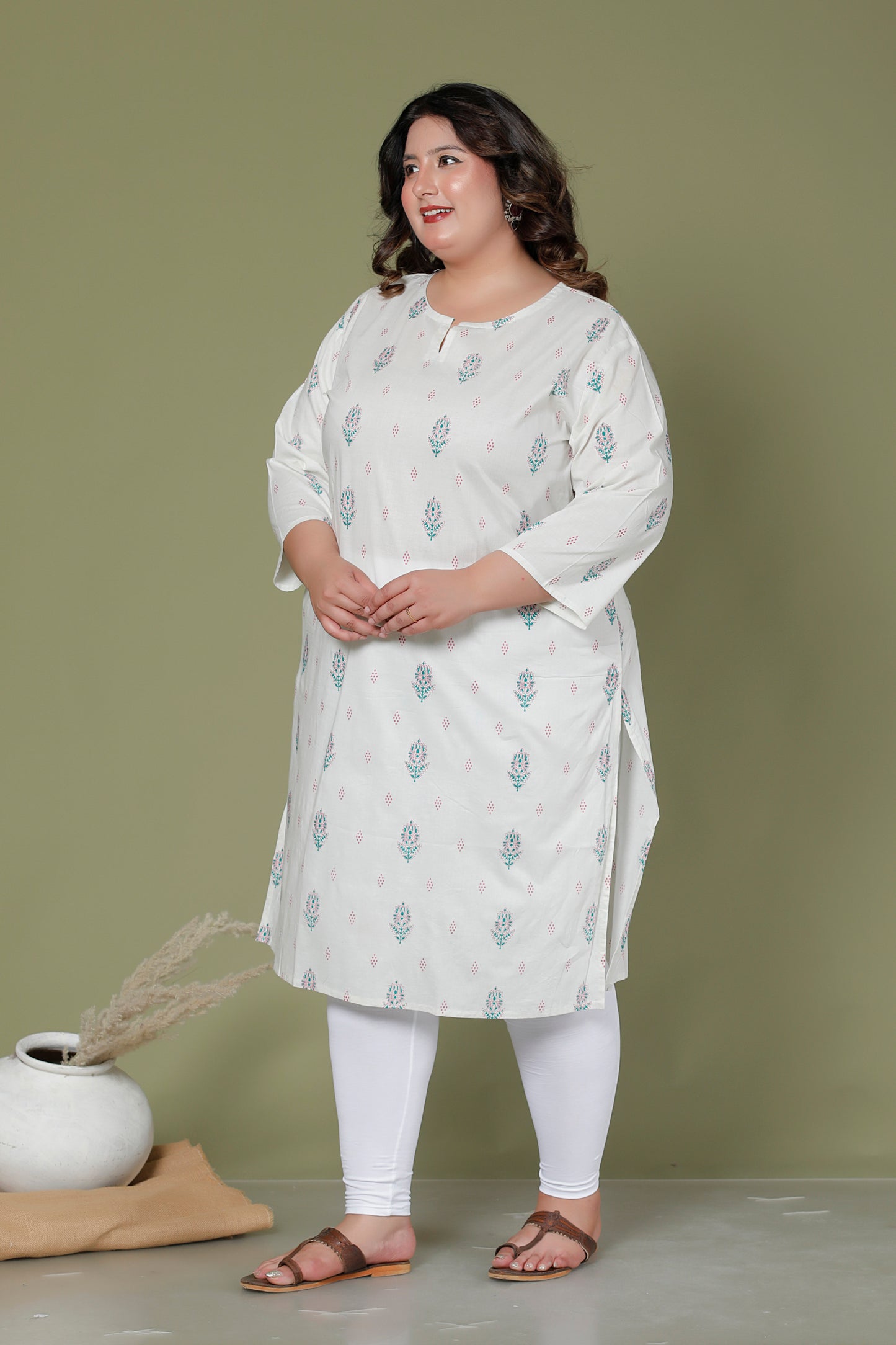 FLORAL BUTTA PRINT COTTON KURTI IN OFFWHITE BY PLUSSIZEKURTI