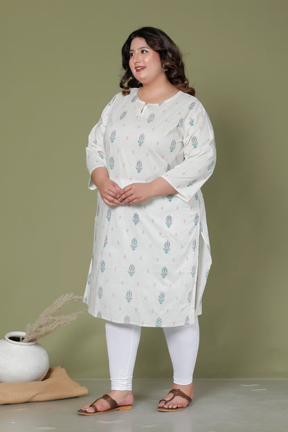 FLORAL BUTTA PRINT COTTON KURTI IN OFFWHITE BY PLUSSIZEKURTI