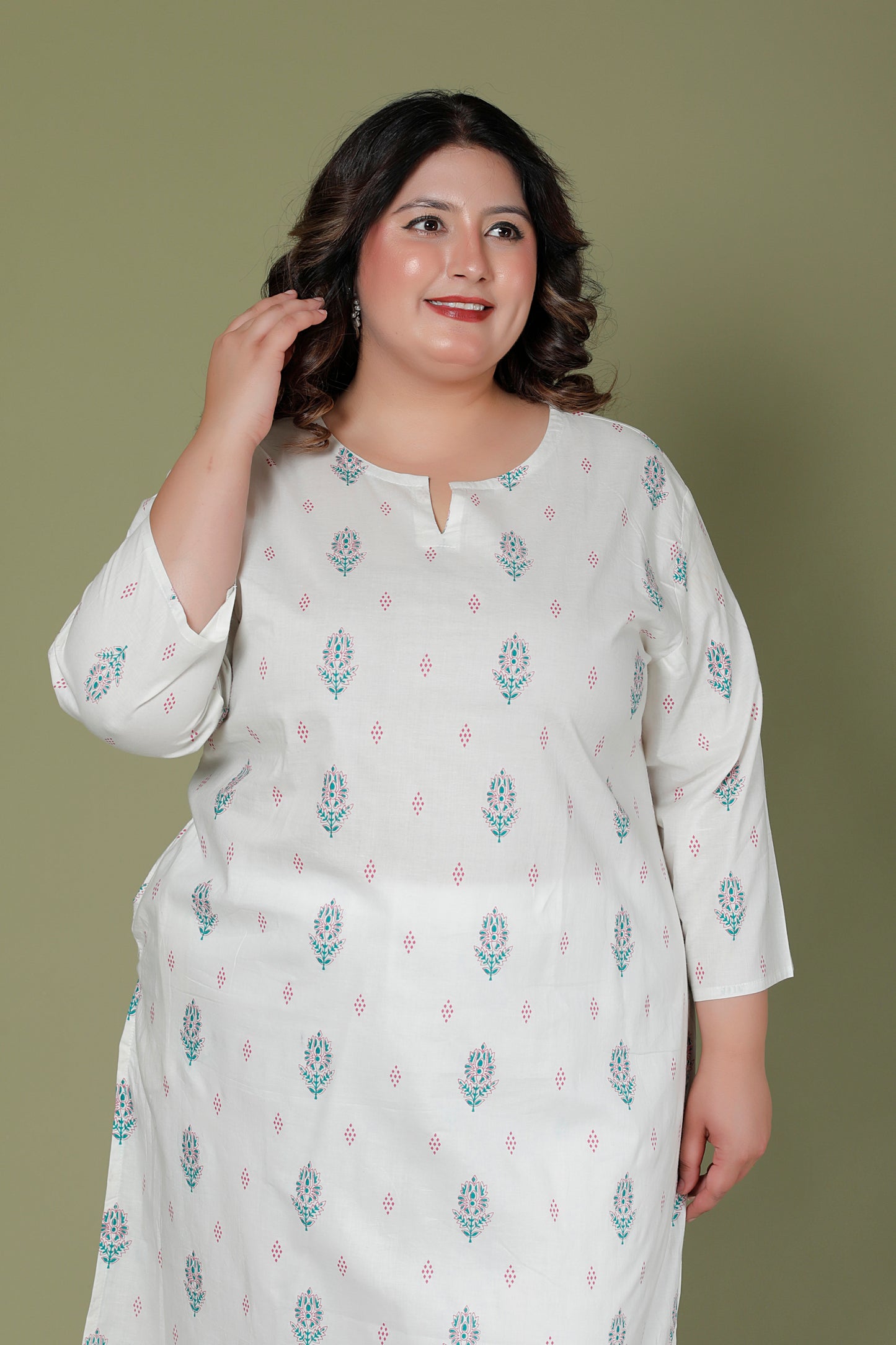 FLORAL BUTTA PRINT COTTON KURTI IN OFFWHITE BY PLUSSIZEKURTI