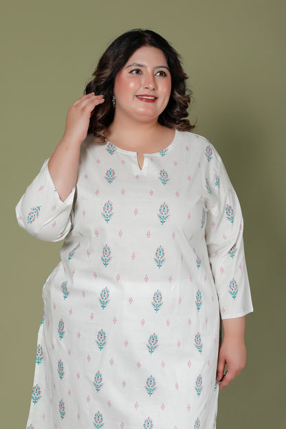 FLORAL BUTTA PRINT COTTON KURTI IN OFFWHITE BY PLUSSIZEKURTI