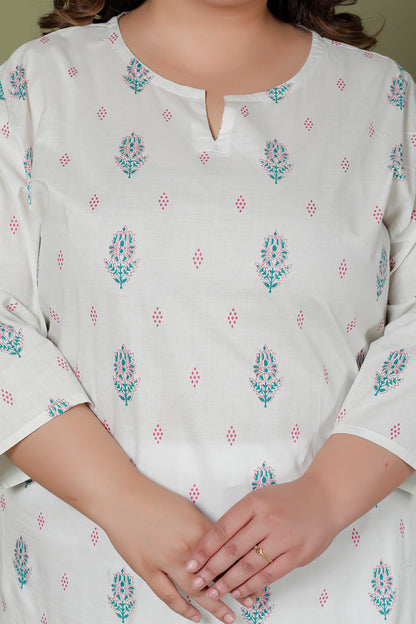 FLORAL BUTTA PRINT COTTON KURTI IN OFFWHITE BY PLUSSIZEKURTI