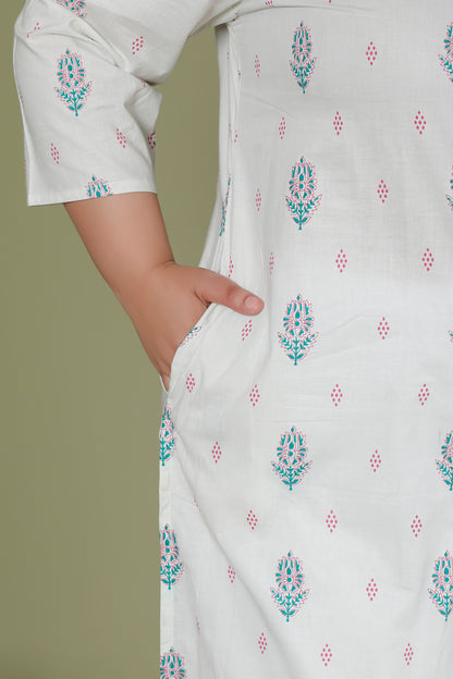 FLORAL BUTTA PRINT COTTON KURTI IN OFFWHITE BY PLUSSIZEKURTI