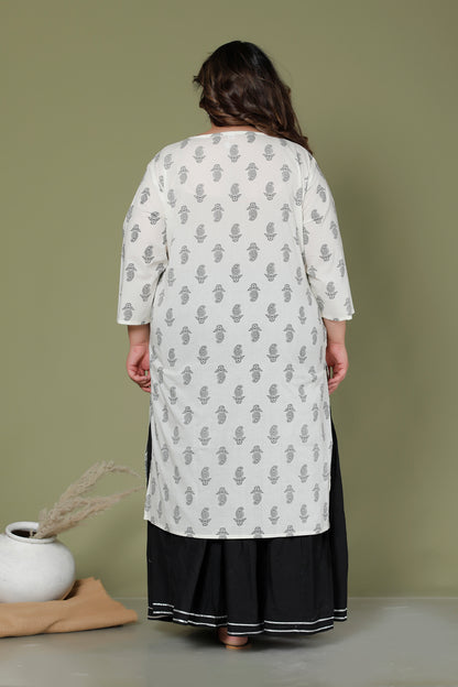 SKIRT PANT COTTON 2 PEICE PAISLEY PRINT KURTA SET IN OFFWHITE/BLACK BY PLUSSIZEKURTI