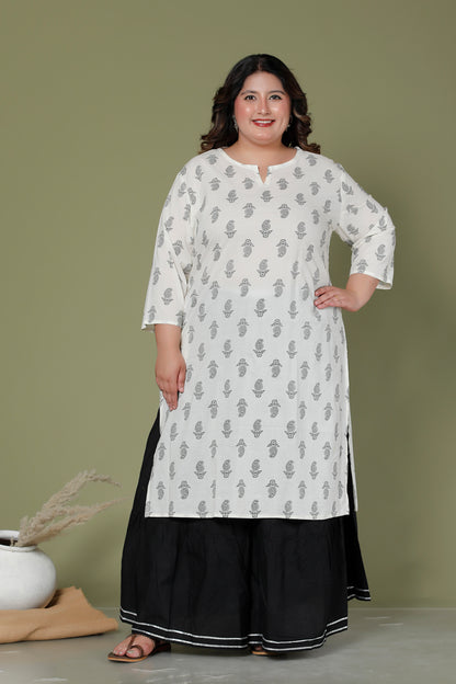 SKIRT PANT COTTON 2 PEICE PAISLEY PRINT KURTA SET IN OFFWHITE/BLACK BY PLUSSIZEKURTI