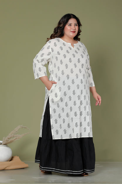 SKIRT PANT COTTON 2 PEICE PAISLEY PRINT KURTA SET IN OFFWHITE/BLACK BY PLUSSIZEKURTI