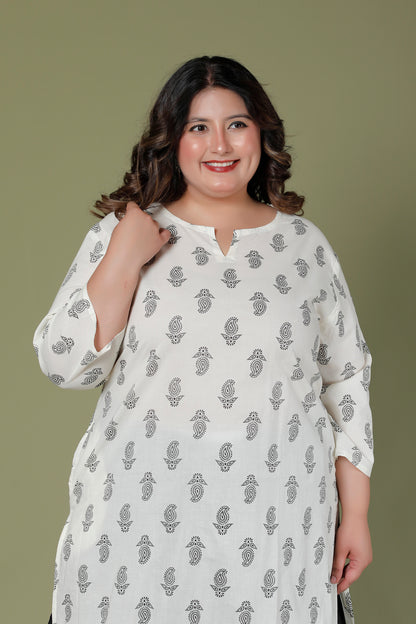 SKIRT PANT COTTON 2 PEICE PAISLEY PRINT KURTA SET IN OFFWHITE/BLACK BY PLUSSIZEKURTI