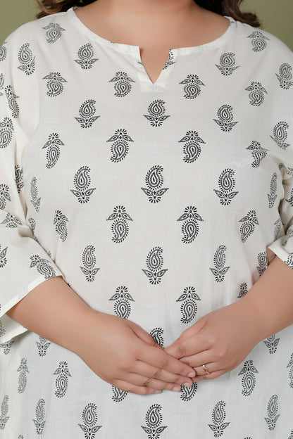 SKIRT PANT COTTON 2 PEICE PAISLEY PRINT KURTA SET IN OFFWHITE/BLACK BY PLUSSIZEKURTI