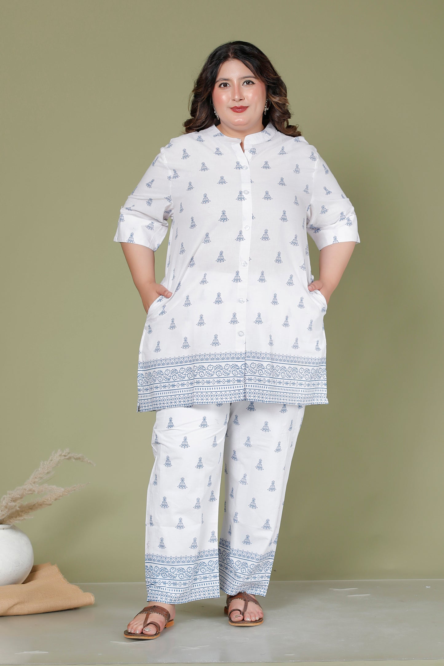 BELL BUTTA PRINT COTTON CO-ORD SET IN BLUE/ WHITE BY PLUSSIZEKURTI