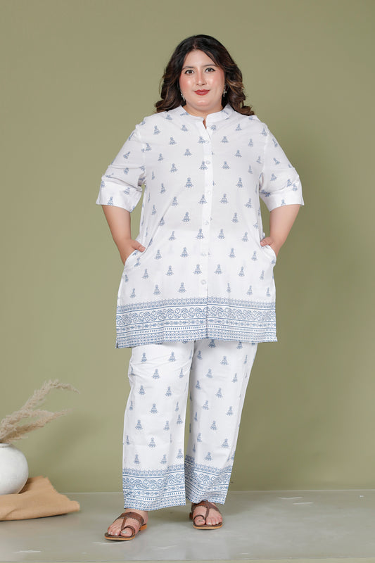 BELL BUTTA PRINT COTTON CO-ORD SET IN BLUE/ WHITE BY PLUSSIZEKURTI