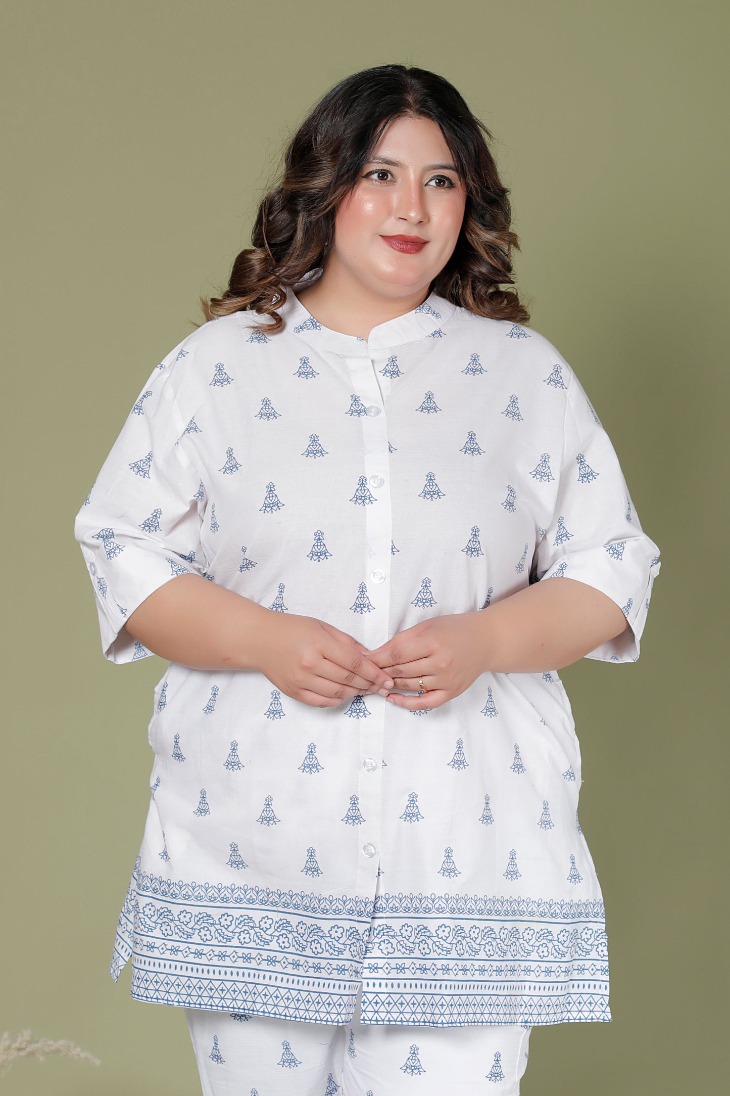 BELL BUTTA PRINT COTTON CO-ORD SET IN BLUE/ WHITE BY PLUSSIZEKURTI