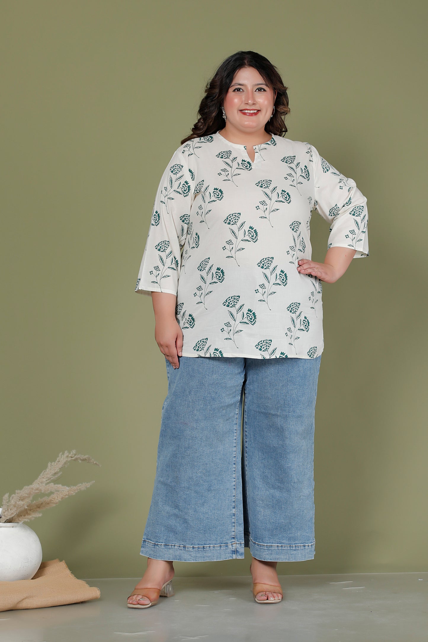 FLORAL BUTTA PRINT COTTON TOP IN OFF WHITE/RAMA COLOUR BY PLUSSIZEKURTI