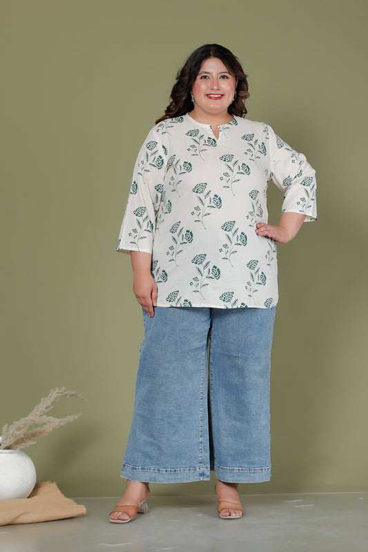 FLORAL BUTTA PRINT COTTON TOP IN OFF WHITE/RAMA COLOUR BY PLUSSIZEKURTI