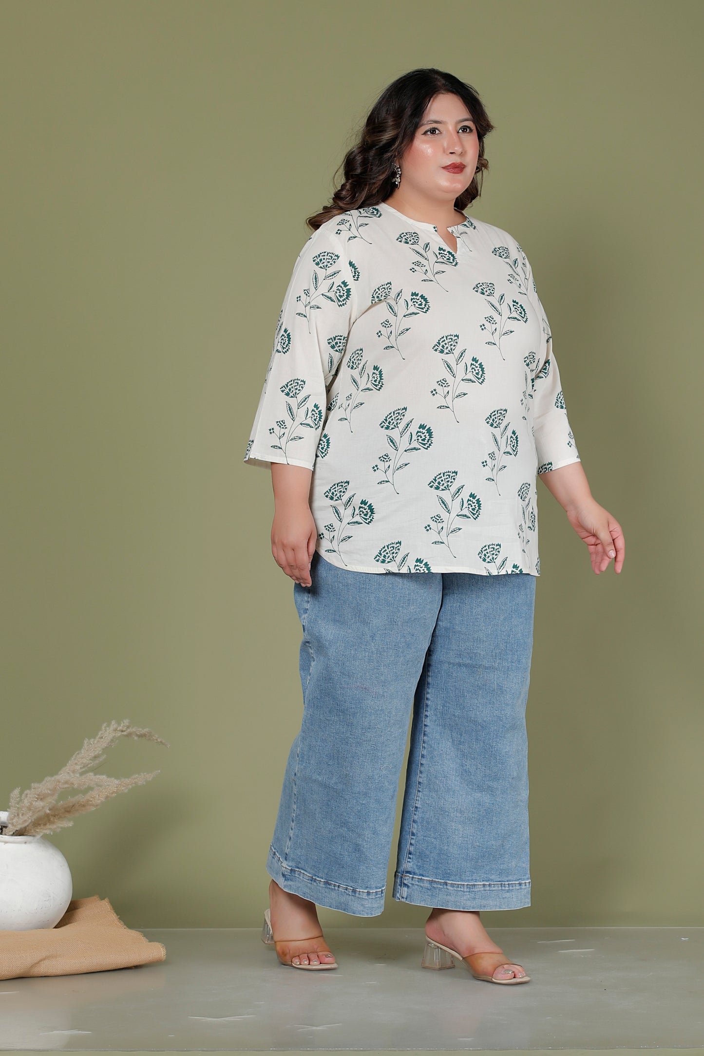 FLORAL BUTTA PRINT COTTON TOP IN OFF WHITE/RAMA COLOUR BY PLUSSIZEKURTI