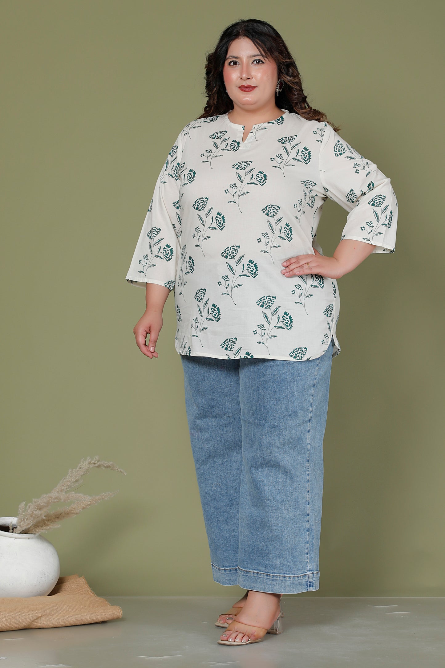 FLORAL BUTTA PRINT COTTON TOP IN OFF WHITE/RAMA COLOUR BY PLUSSIZEKURTI