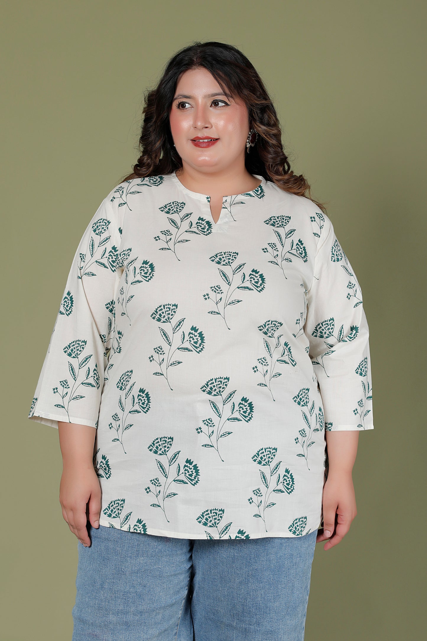 FLORAL BUTTA PRINT COTTON TOP IN OFF WHITE/RAMA COLOUR BY PLUSSIZEKURTI