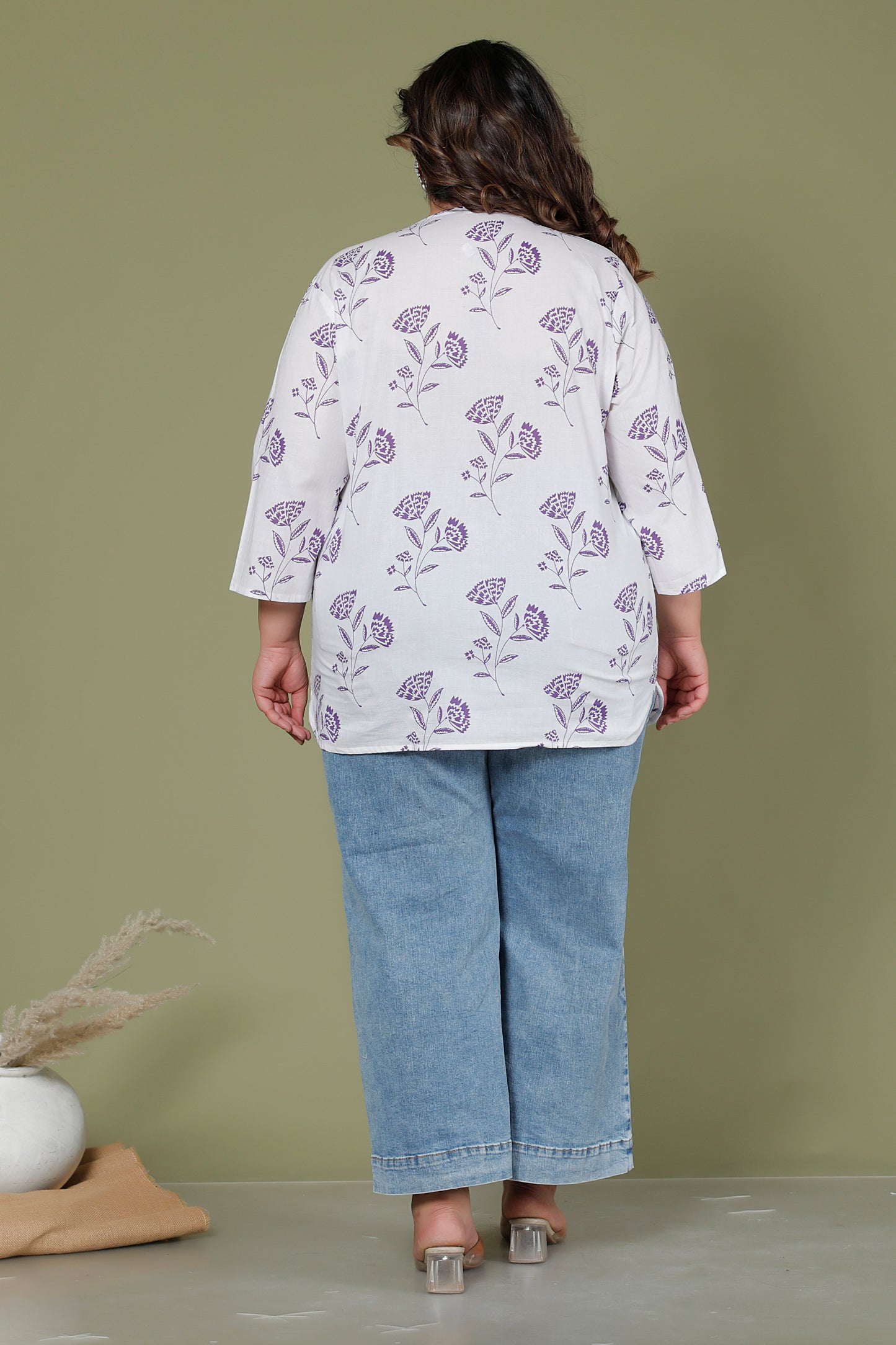 FLORAL BUTTA PRINT COTTON TOP IN WHITE/PURPLE COLOUR BY PLUSSIZEKURTI