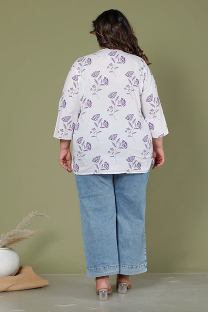 FLORAL BUTTA PRINT COTTON TOP IN WHITE/PURPLE COLOUR BY PLUSSIZEKURTI