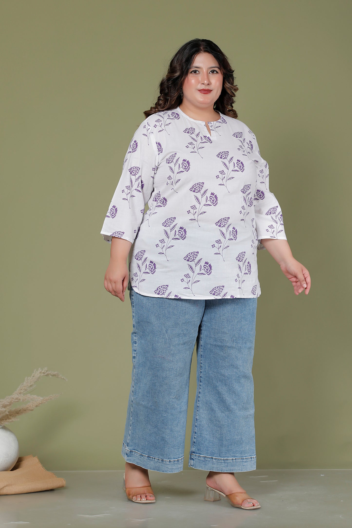 FLORAL BUTTA PRINT COTTON TOP IN WHITE/PURPLE COLOUR BY PLUSSIZEKURTI