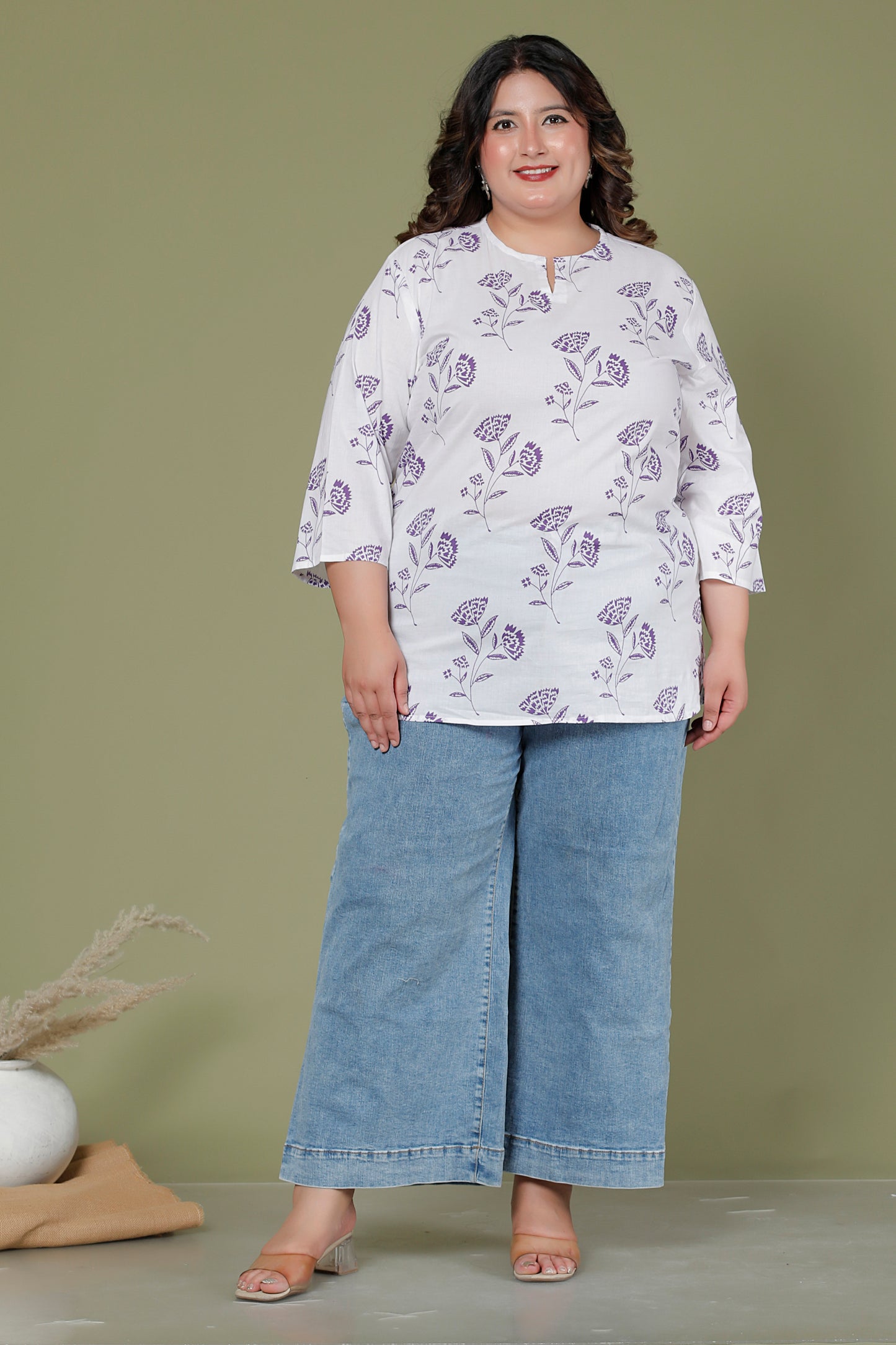 FLORAL BUTTA PRINT COTTON TOP IN WHITE/PURPLE COLOUR BY PLUSSIZEKURTI