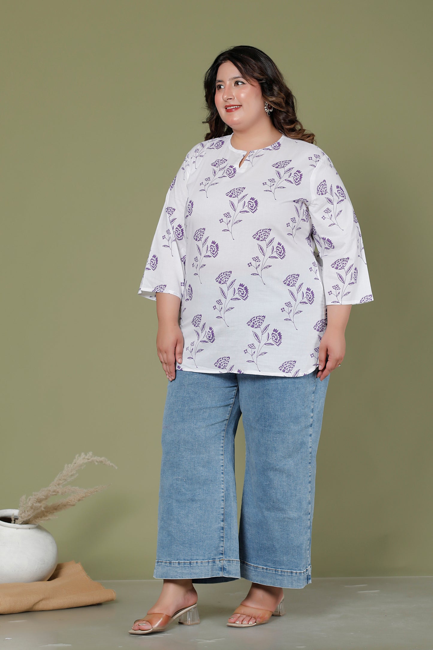 FLORAL BUTTA PRINT COTTON TOP IN WHITE/PURPLE COLOUR BY PLUSSIZEKURTI