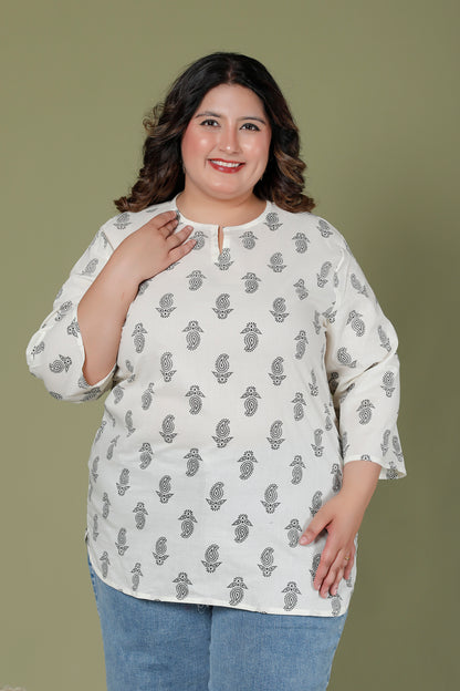PAISLEY BUTTA PRINT COTTON TOP IN OFFWHITE/BLACK COLOUR BY PLUSSIZEKURTI
