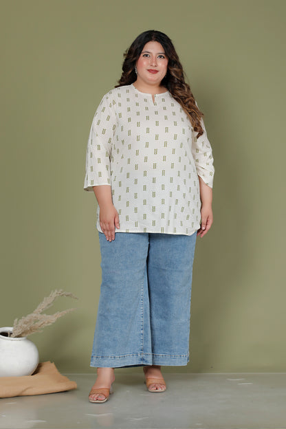 LEAF BUTTA PRINT COTTON TOP IN OFFWHITE /OLIVE GREEN COLOUR BY PLUSSIZEKURTI