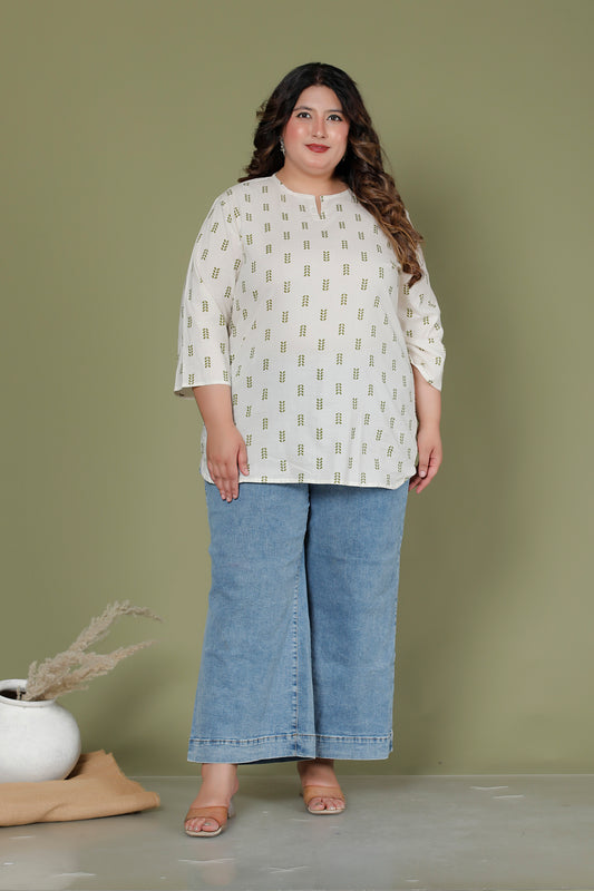 LEAF BUTTA PRINT COTTON TOP IN OFFWHITE /OLIVE GREEN COLOUR BY PLUSSIZEKURTI