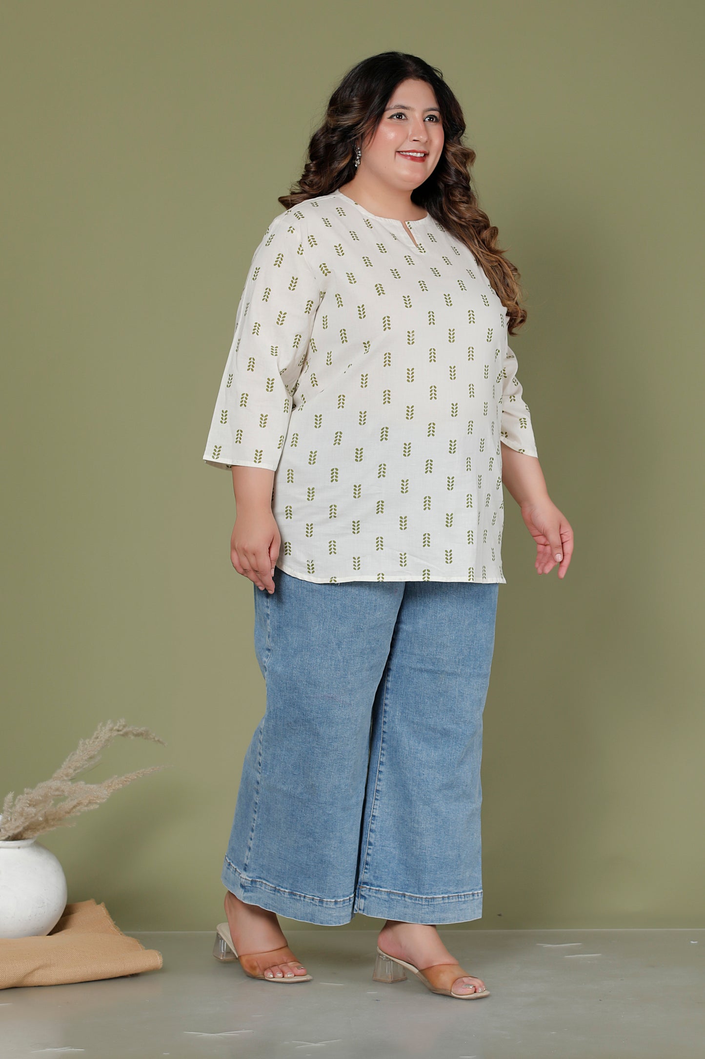 LEAF BUTTA PRINT COTTON TOP IN OFFWHITE /OLIVE GREEN COLOUR BY PLUSSIZEKURTI