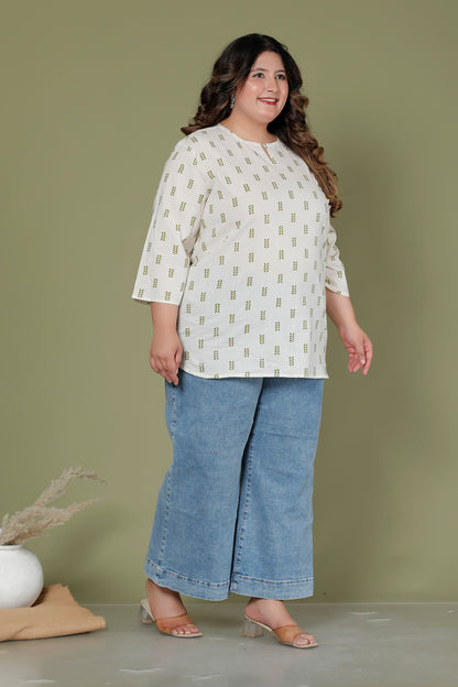 LEAF BUTTA PRINT COTTON TOP IN OFFWHITE /OLIVE GREEN COLOUR BY PLUSSIZEKURTI