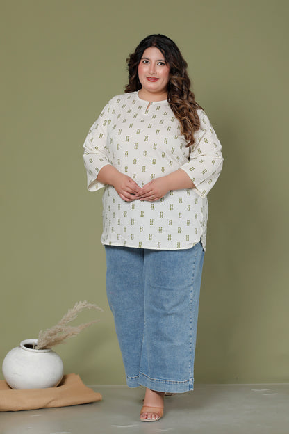 LEAF BUTTA PRINT COTTON TOP IN OFFWHITE /OLIVE GREEN COLOUR BY PLUSSIZEKURTI