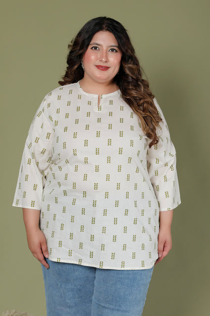 LEAF BUTTA PRINT COTTON TOP IN OFFWHITE /OLIVE GREEN COLOUR BY PLUSSIZEKURTI