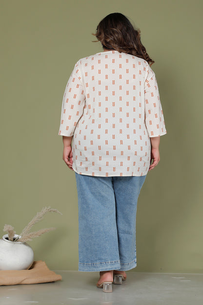 LEAF BUTTA PRINT COTTON TOP IN OFF WHITE /RUST ORANGE COLOUR BY PLUSSIZEKURTI