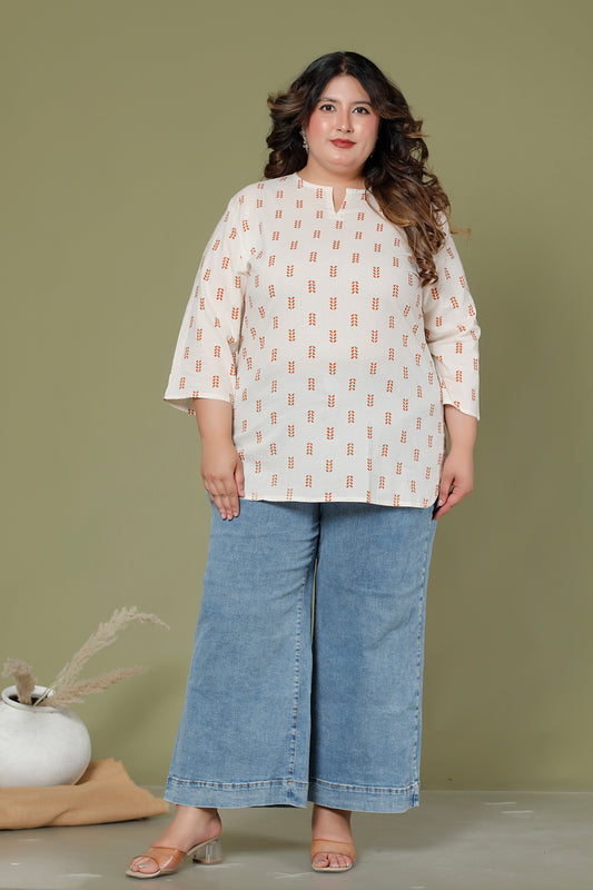 LEAF BUTTA PRINT COTTON TOP IN OFF WHITE /RUST ORANGE COLOUR BY PLUSSIZEKURTI