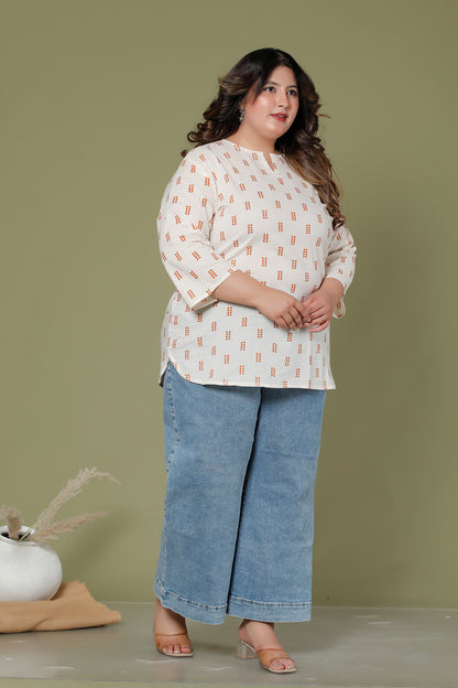 LEAF BUTTA PRINT COTTON TOP IN OFF WHITE /RUST ORANGE COLOUR BY PLUSSIZEKURTI