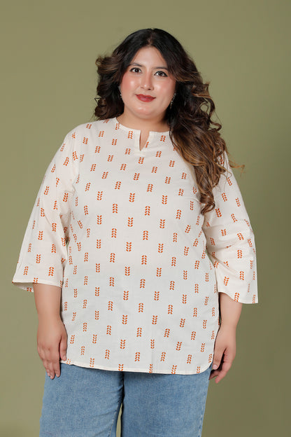 LEAF BUTTA PRINT COTTON TOP IN OFF WHITE /RUST ORANGE COLOUR BY PLUSSIZEKURTI