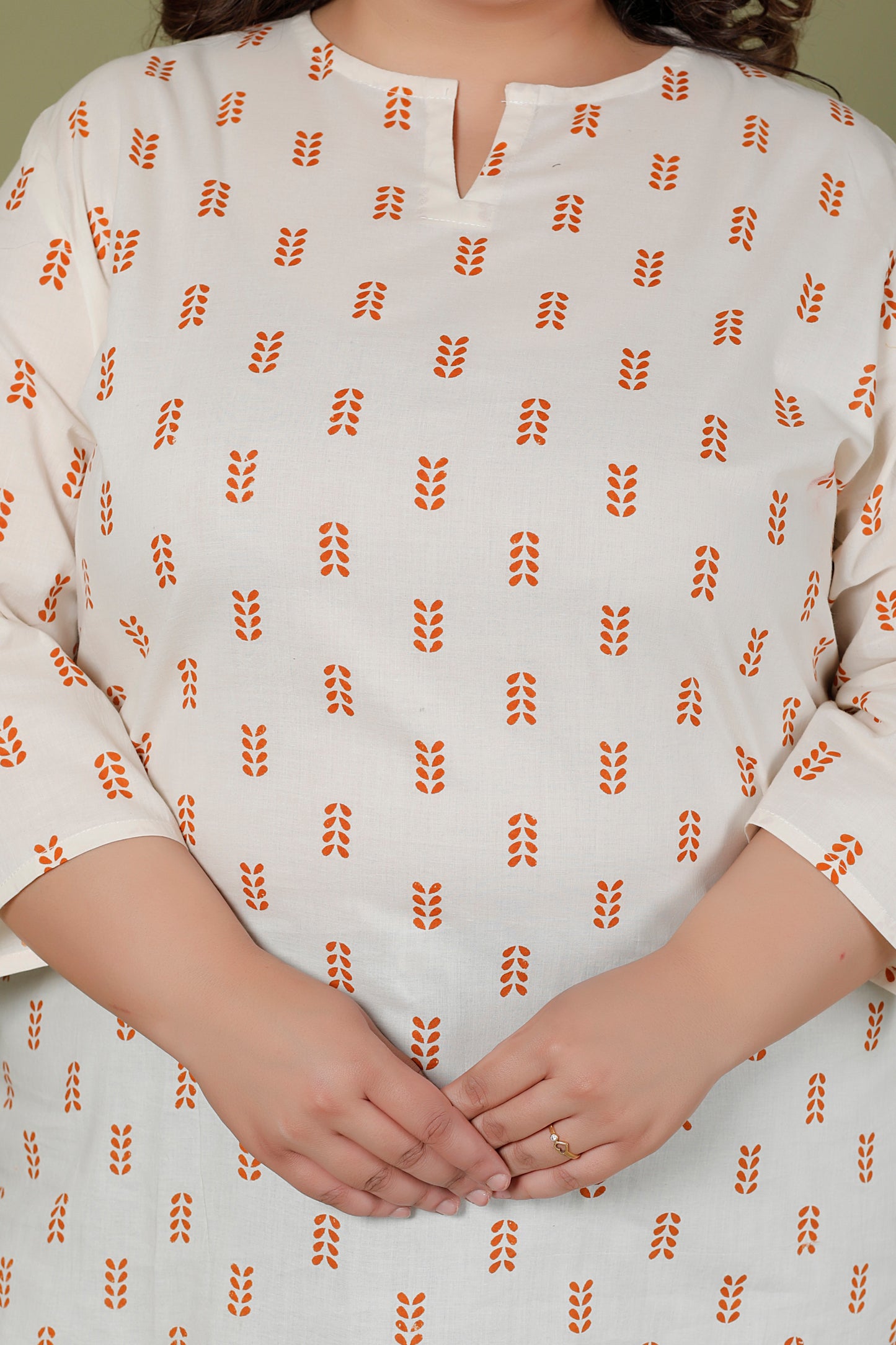 LEAF BUTTA PRINT COTTON TOP IN OFF WHITE /RUST ORANGE COLOUR BY PLUSSIZEKURTI