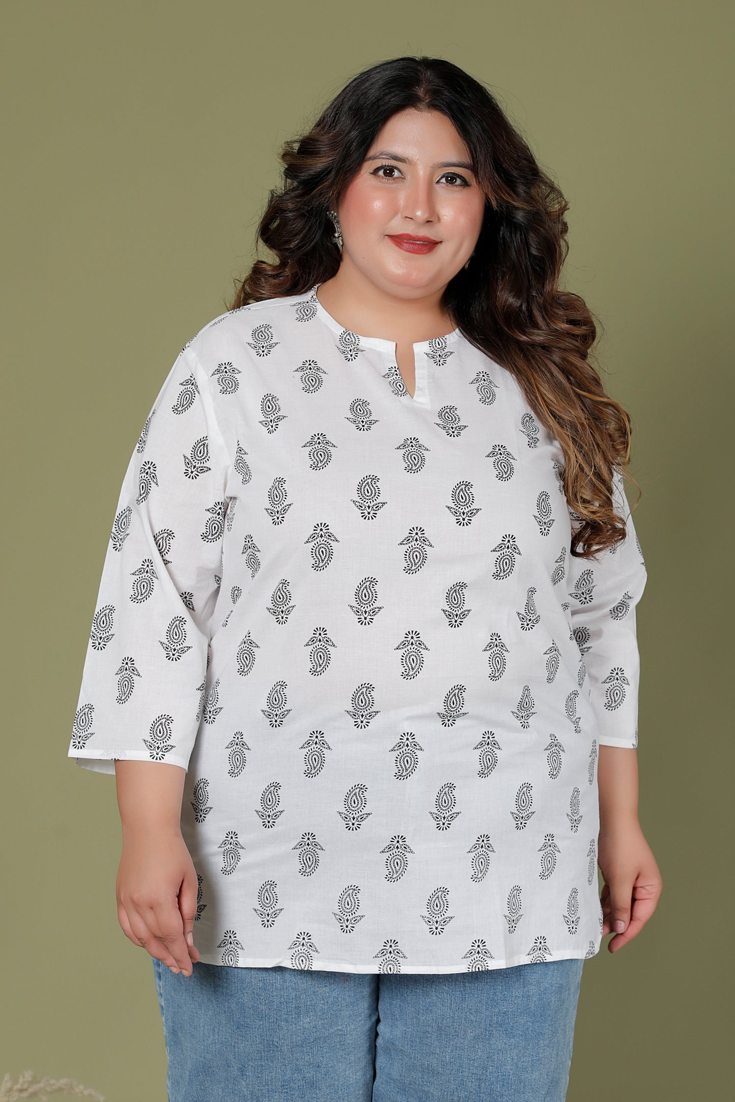 PAISLEY BUTTA PRINT COTTON TOP IN WHITE/BLACK COLOUR BY PLUSSIZEKURTI