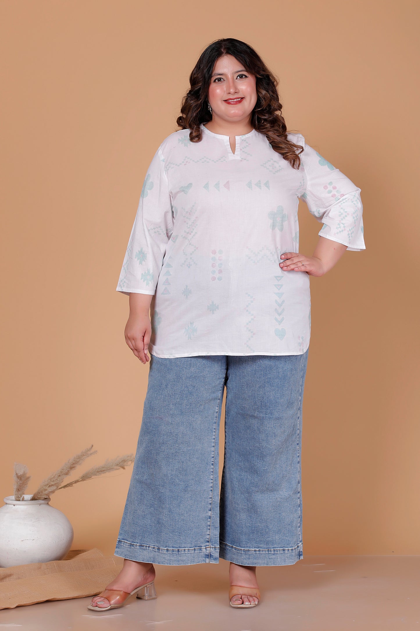 ABSTRACT MOTIF PRINT COTTON TOP IN OFFWHITE COLOUR BY PLUSSIZEKURTI