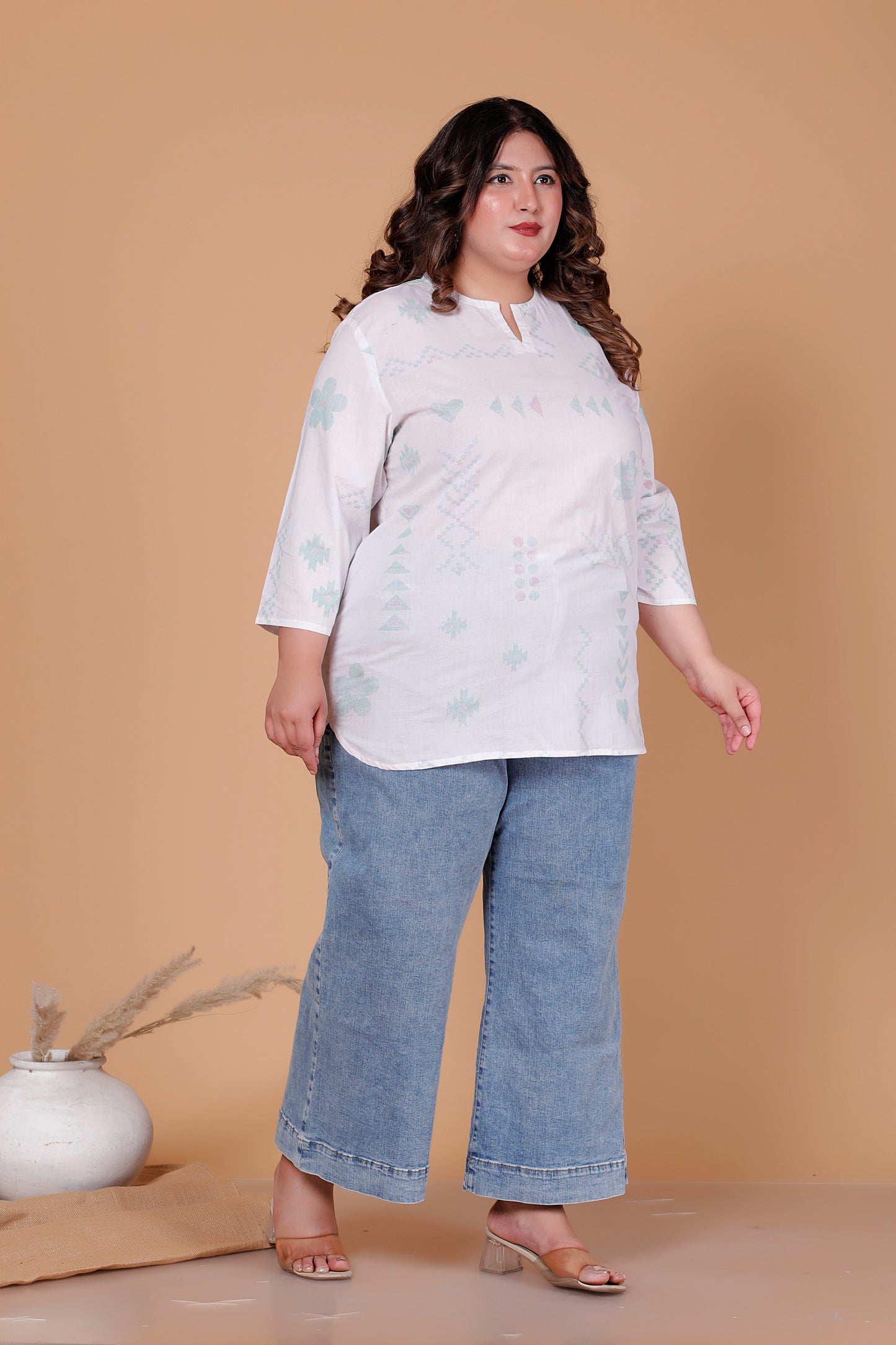 ABSTRACT MOTIF PRINT COTTON TOP IN OFFWHITE COLOUR BY PLUSSIZEKURTI