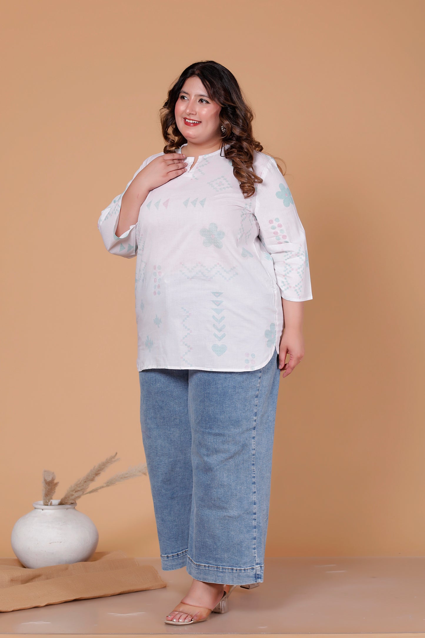ABSTRACT MOTIF PRINT COTTON TOP IN OFFWHITE COLOUR BY PLUSSIZEKURTI