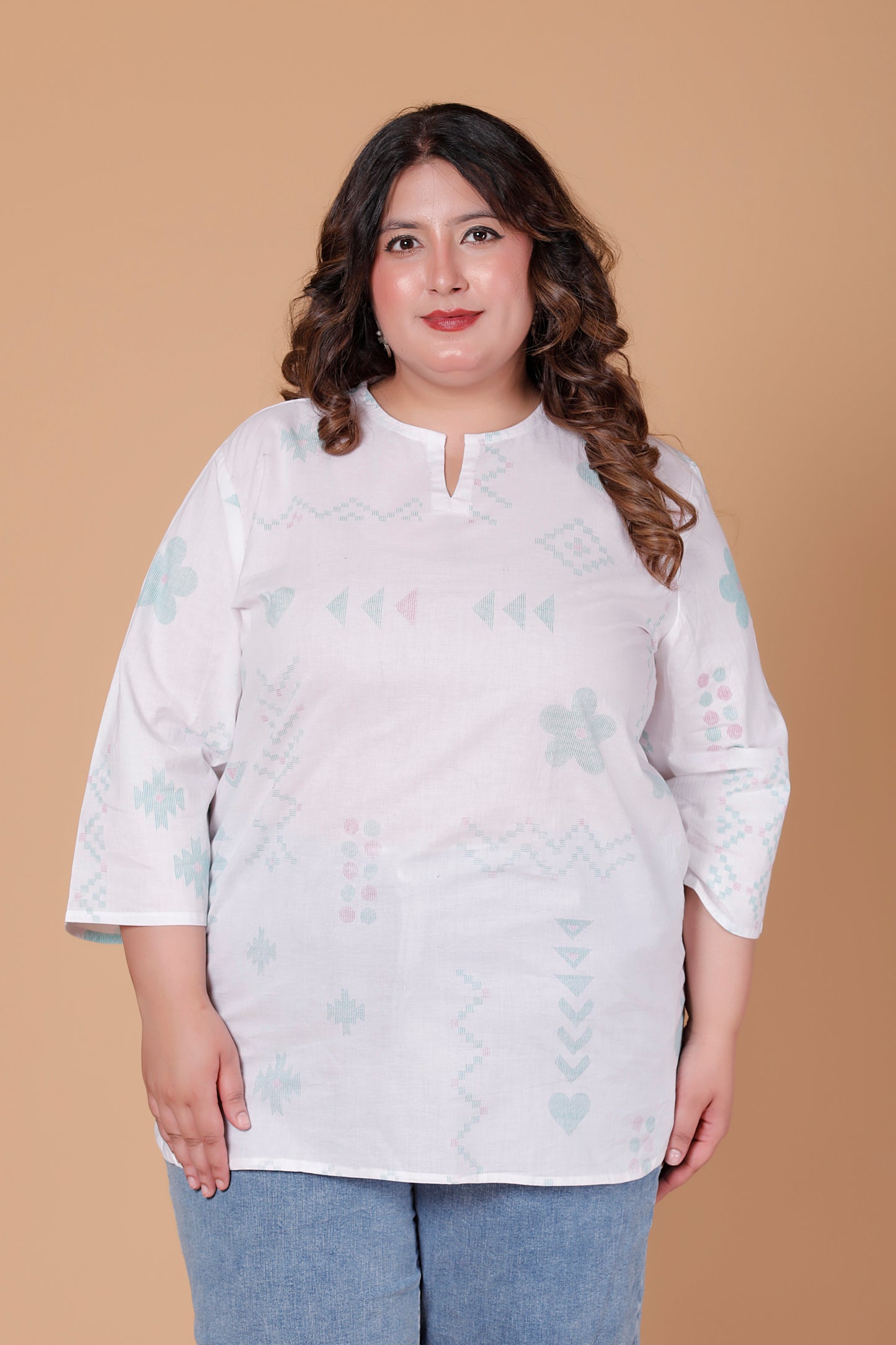 ABSTRACT MOTIF PRINT COTTON TOP IN OFFWHITE COLOUR BY PLUSSIZEKURTI