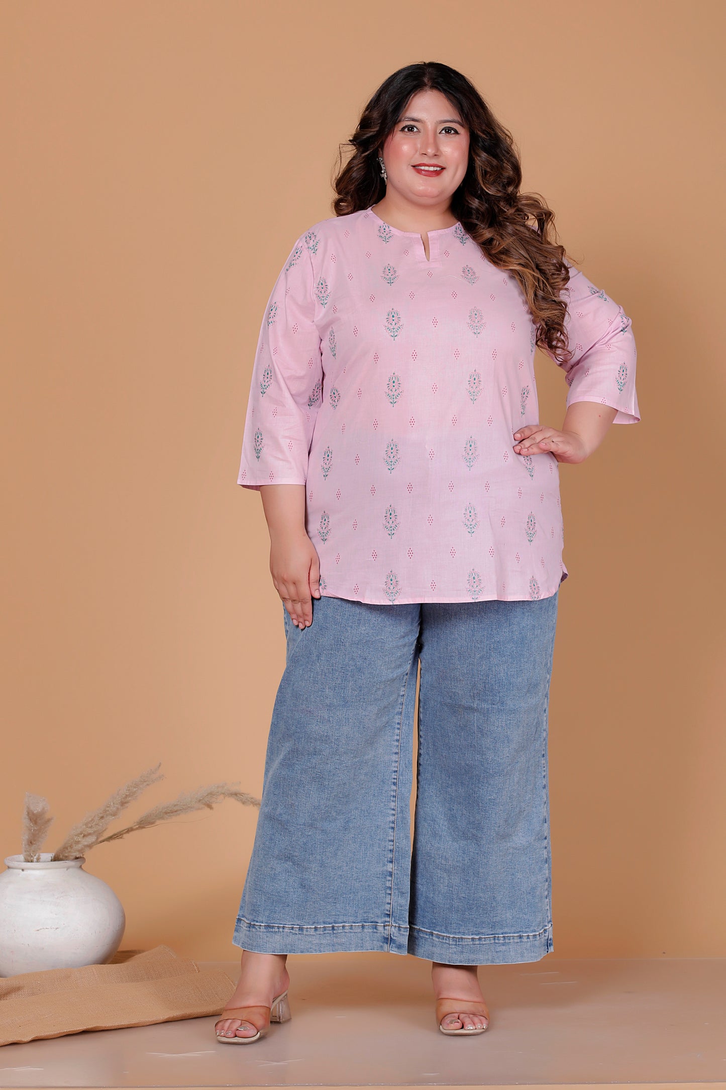 FLORAL BUTTA PRINT COTTON TOP IN BABYPINK COLOUR BY PLUSSIZEKURTI