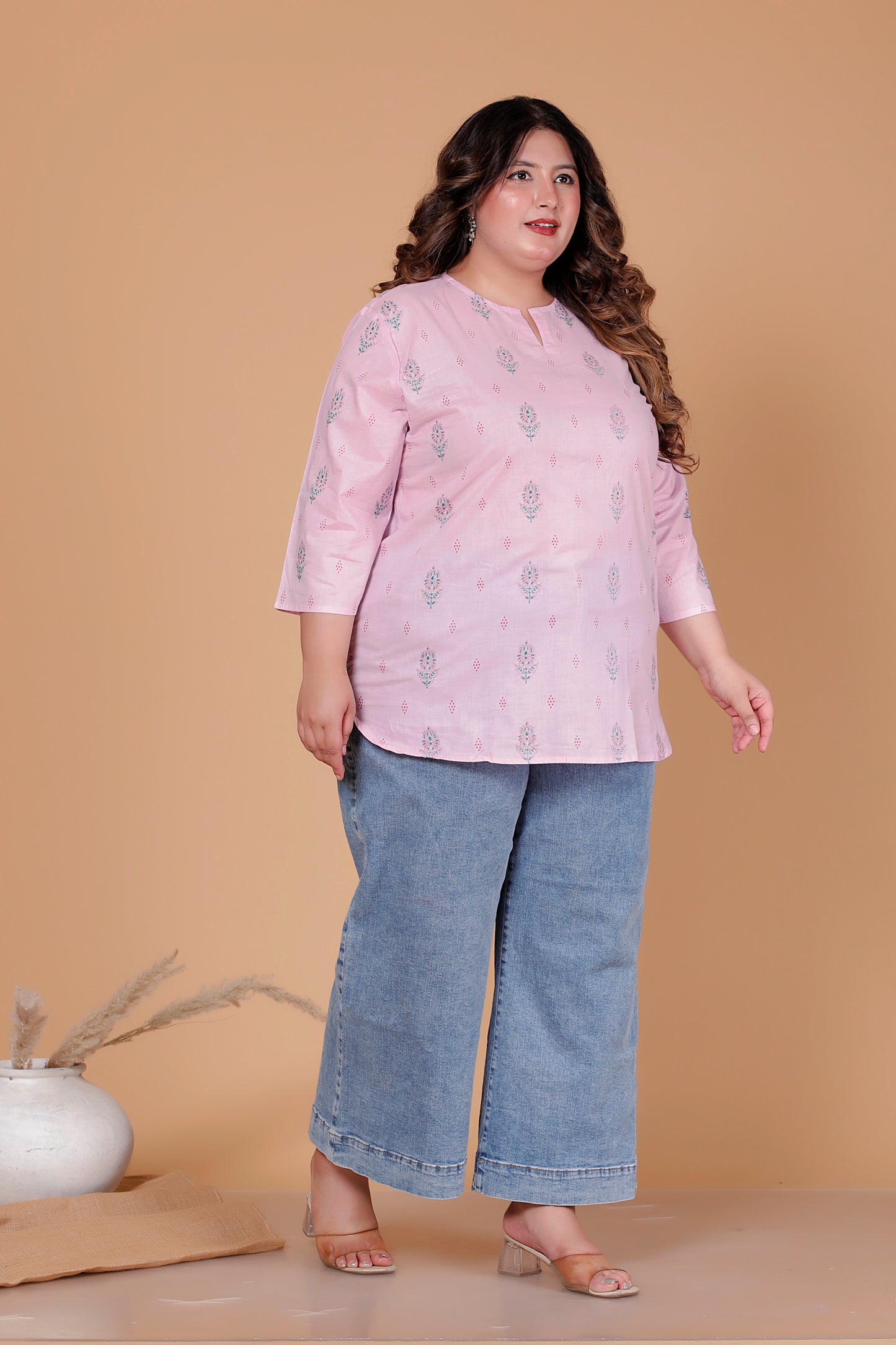 FLORAL BUTTA PRINT COTTON TOP IN BABYPINK COLOUR BY PLUSSIZEKURTI