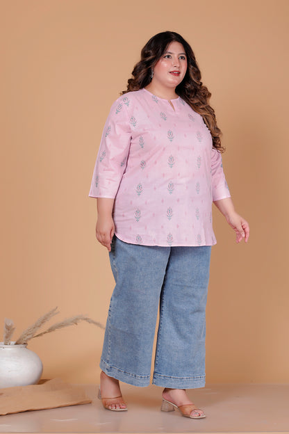 FLORAL BUTTA PRINT COTTON TOP IN BABYPINK COLOUR BY PLUSSIZEKURTI